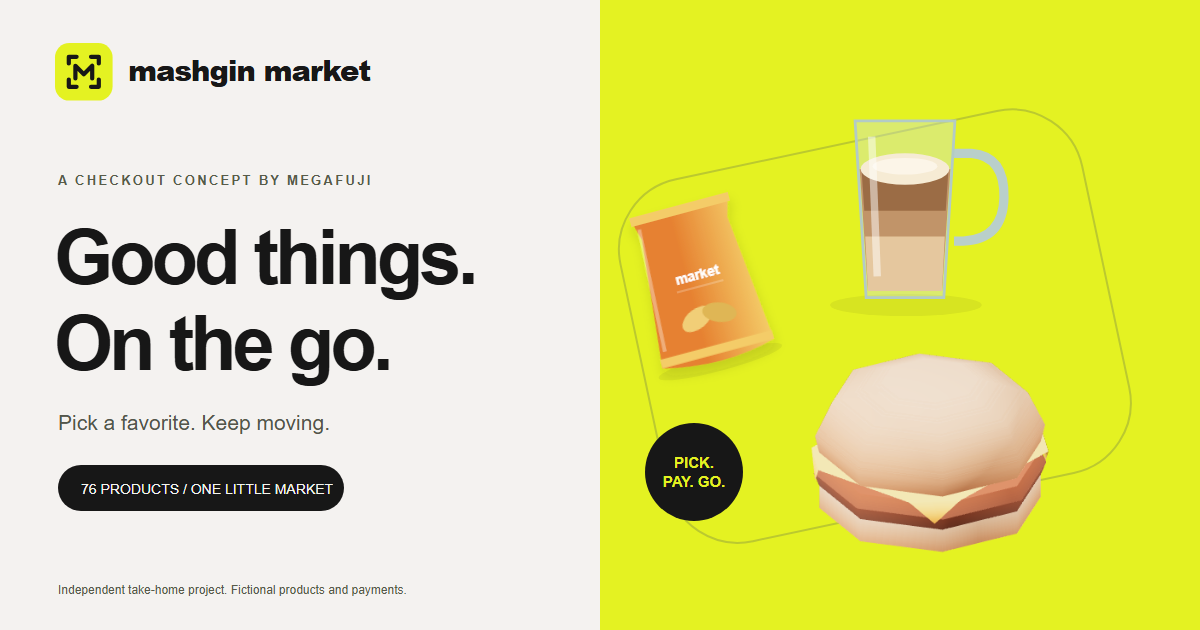 Mashgin Market concept: Good things. On the go. Coffee, snacks and a burger on a citrus background.